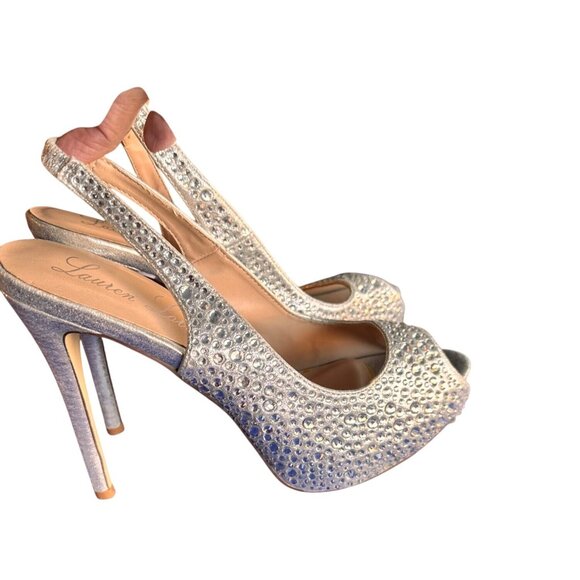 Audrey Brooke Size 11 Rhinestone Stilettos Peep-Toe Slingback Silver - Picture 2 of 11